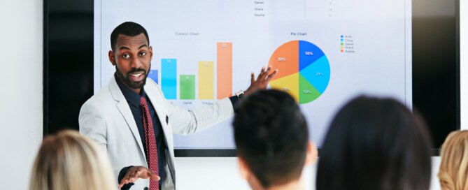 Manager delivers PowerPoint presentation on sales figures using charts