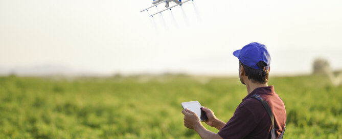 Farmer sprays his crops using a drone